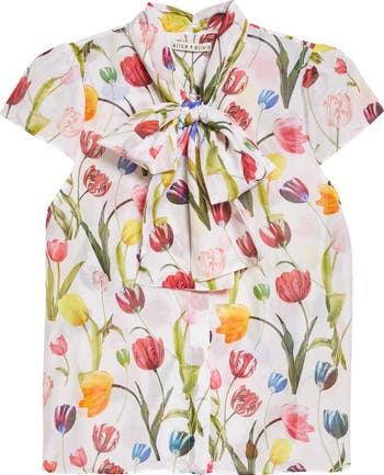 Jeannie Bow Cap Sleeve Cotton & Silk Button-Up Blouse