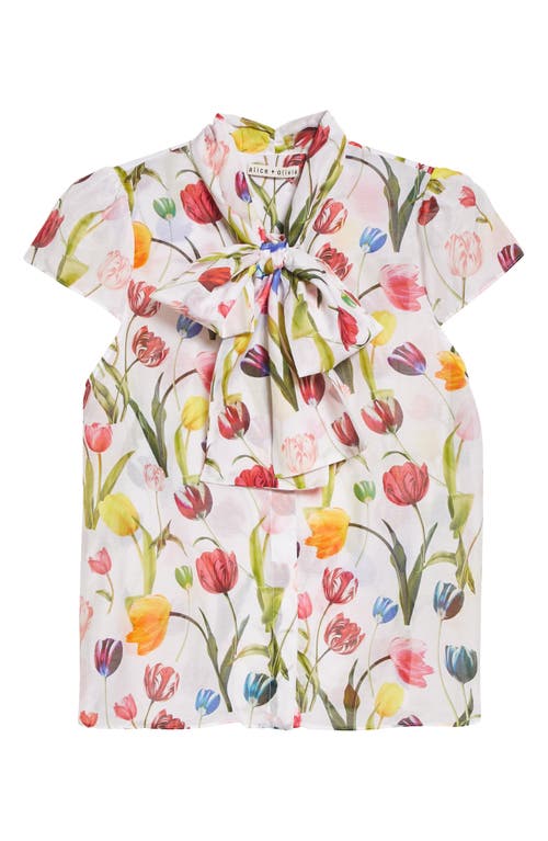 Alice + Olivia Jeannie Bow Cap Sleeve Cotton & Silk Button-Up Blouse in Kiss My Tulips