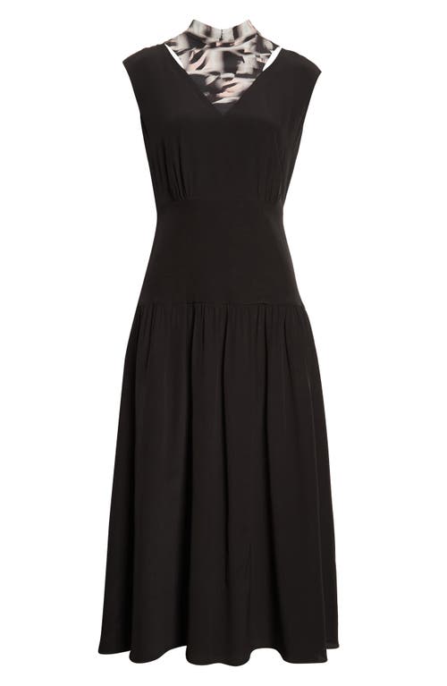 Shop Jason Wu Cap Sleeve Midi Fit & Flare Dress With Silk Neck Tie In Black/pink