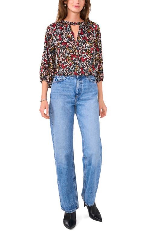 Shop Vince Camuto Floral Keyhole Peasant Top In Rich Black