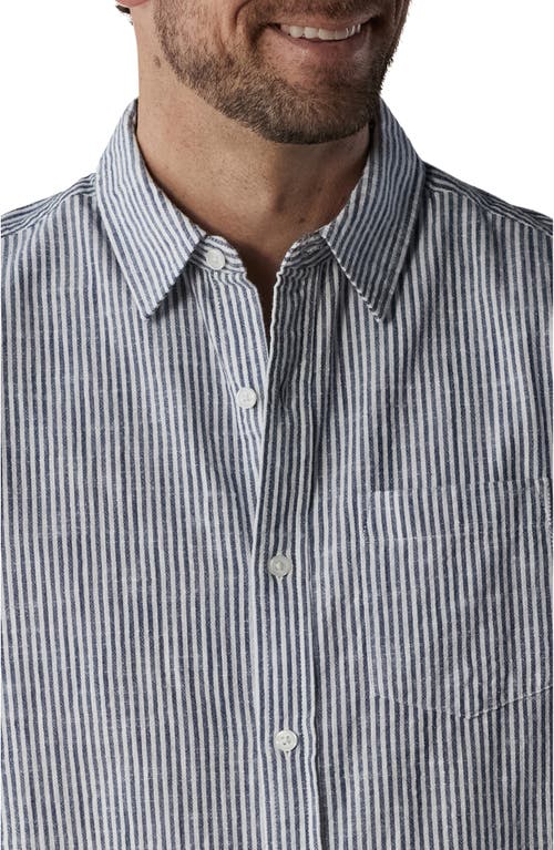 Shop The Normal Brand Lived In Short Sleeve Cotton Button-up Shirt In Navy Railroad Stripe