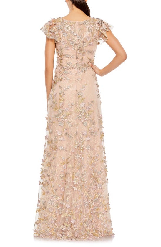 Shop Mac Duggal Embroidered Floral Appliqué Flutter Sleeve Gown In Rose Gold
