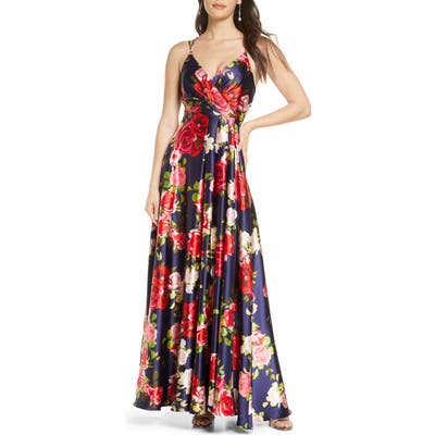 Sequin Hearts Floral Print Satin Gown, Blue