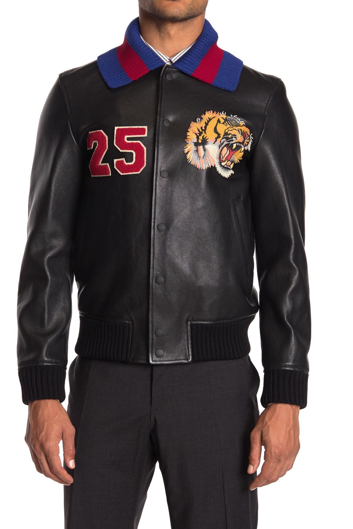 gucci leather bomber jacket with appliqués