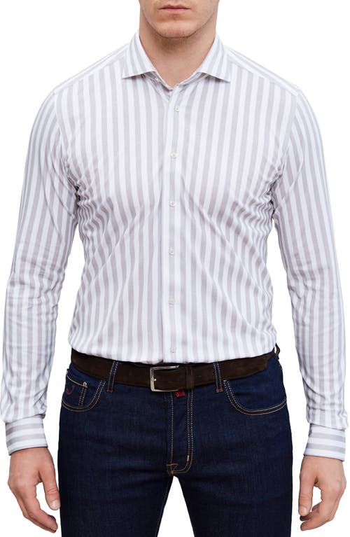 4Flex Modern Fit Stripe Knit Button-Up Shirt in Light Grey