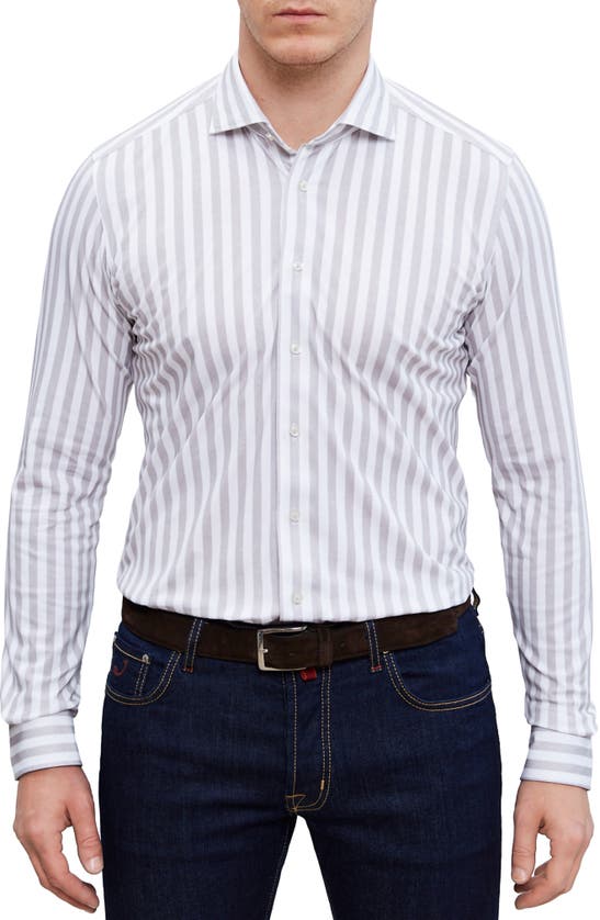 Shop Emanuel Berg 4flex Modern Fit Stripe Knit Button-up Shirt In Light Grey