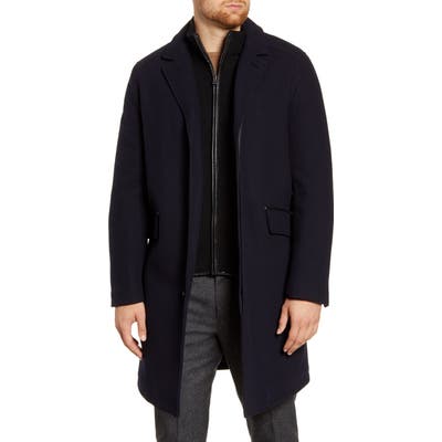 Cole Haan Wool Blend Overcoat With Knit Bib Inset, Blue