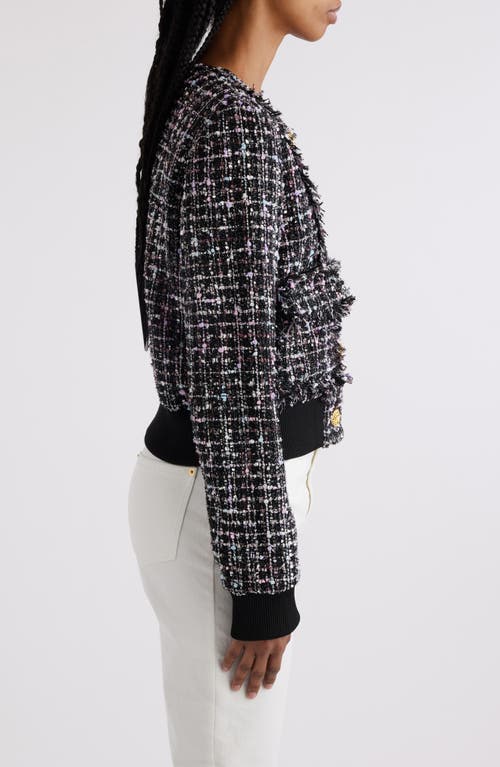 Shop Balmain Button-up Tweed Bomber Jacket In Eah Black Multi