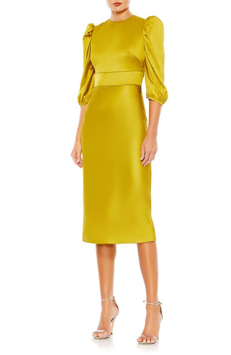 Crepe Pleat Front 3/4 Sleeve Belted Midi Dress