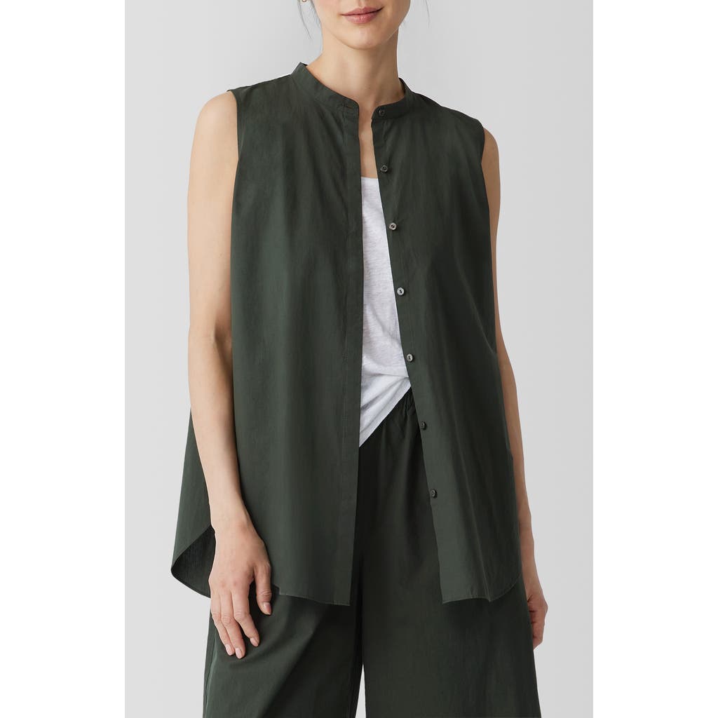 Eileen Fisher Washed Organic Cotton Poplin Band Collar Shirt In Seaweed