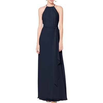 #levkoff Halter Neck Tie Detail Chiffon Gown, Blue