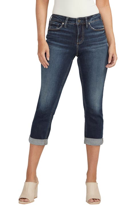 Silver SUKI Mid Capri Jeans Dark Wash Distressed Stretch Womens Size 28 x  22.5