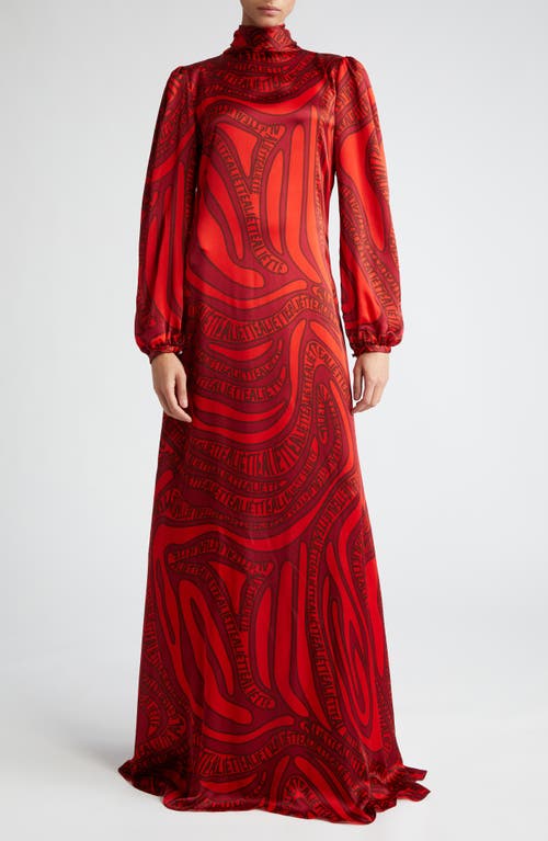 Logo Print Long Sleeve Silk Gown in Red