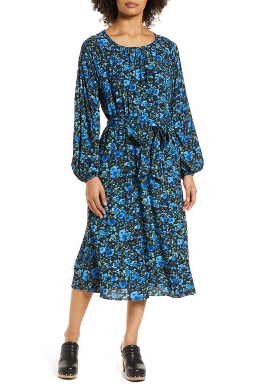 caslon(r) Long Sleeve Tie Waist Midi Dress in Navy- Blues Bella Floral
