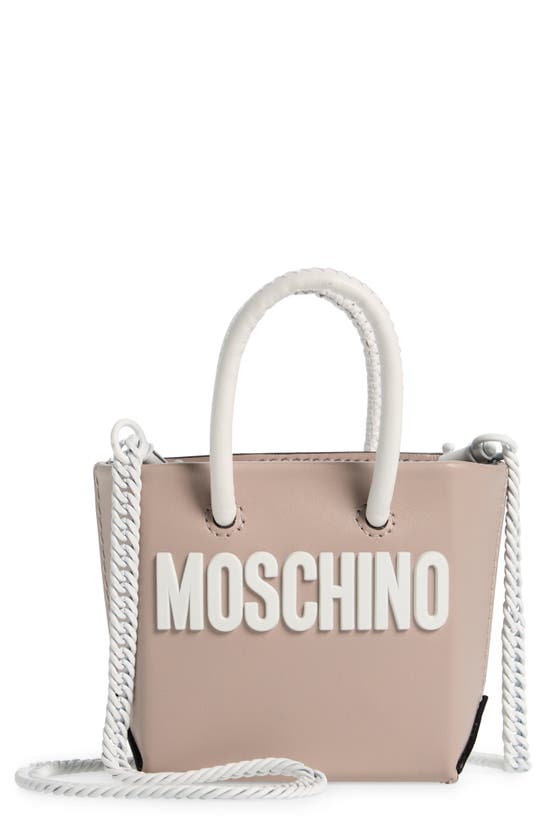 Shop Moschino Small Still Life Logo Leather Tote In A2473 Fantasy Print Grey