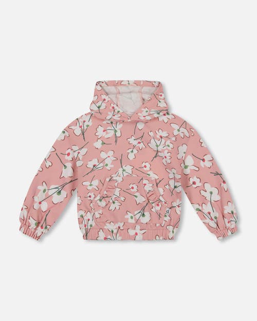 Deux Par Deux Girl's Hooded French Terry Sweatshirt Pink Jasmine Flower Print