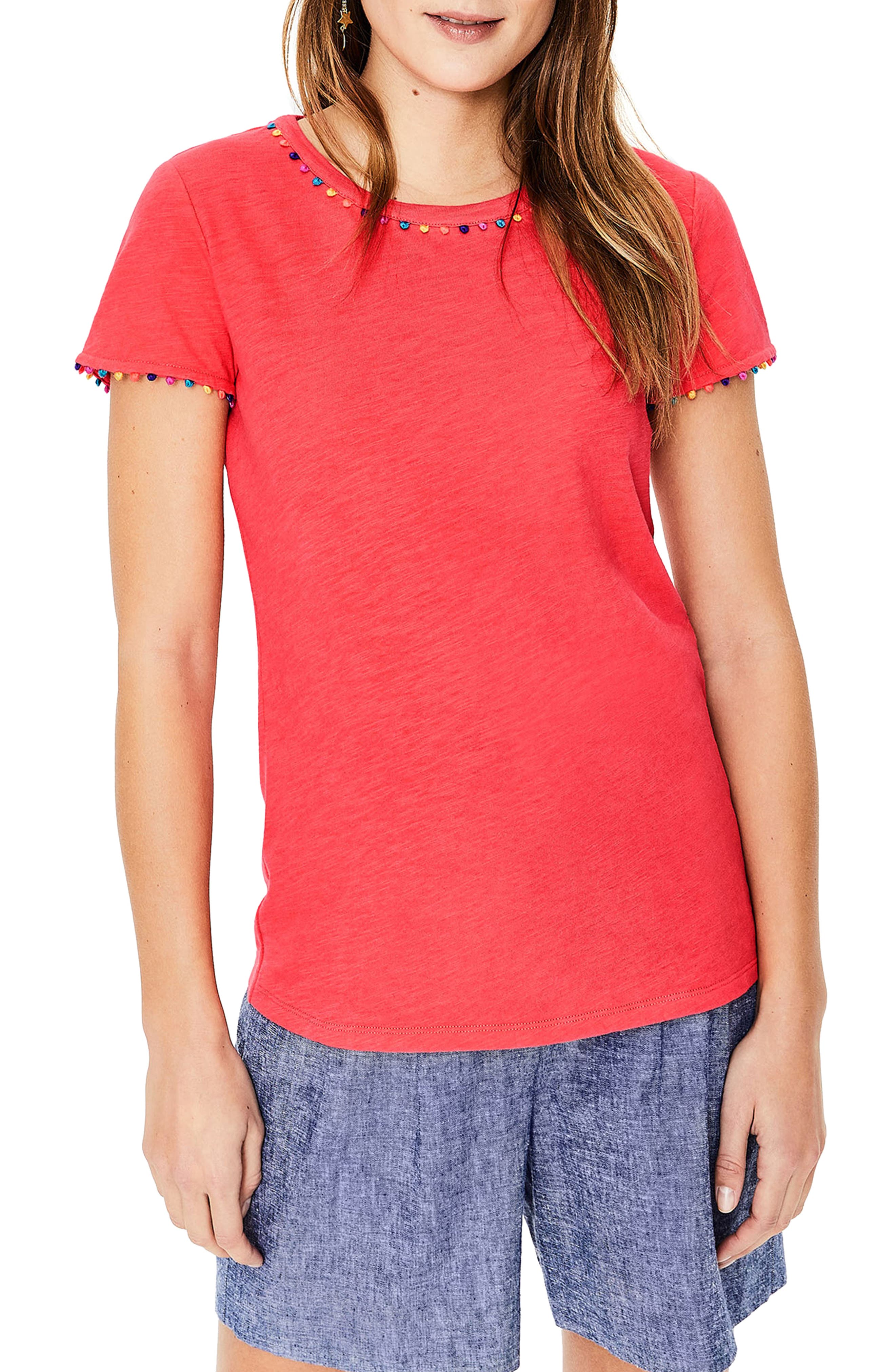 Boden Charlie Embroidery Trim Crewneck Tee, Pink