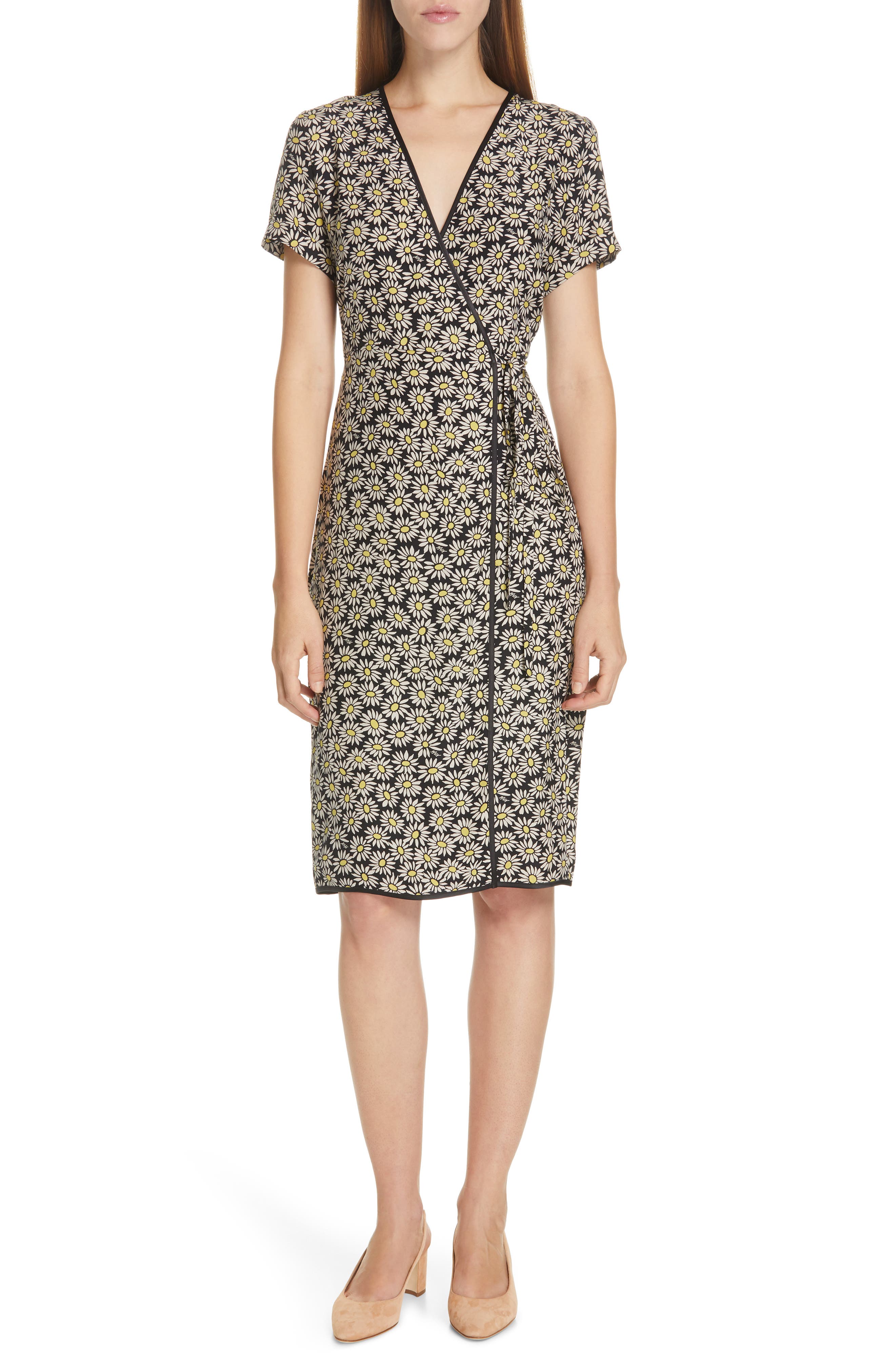 Hvn Vera Daisy Print Silk Wrap Dress, Black