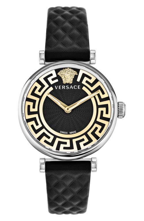 Versace Greca Chic Leather Strap Watch, 35mm in Black/Stainless Steel at Nordstrom