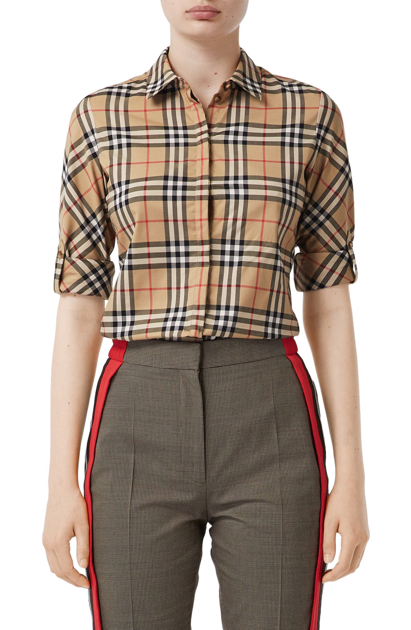 check stretch cotton shirt burberry