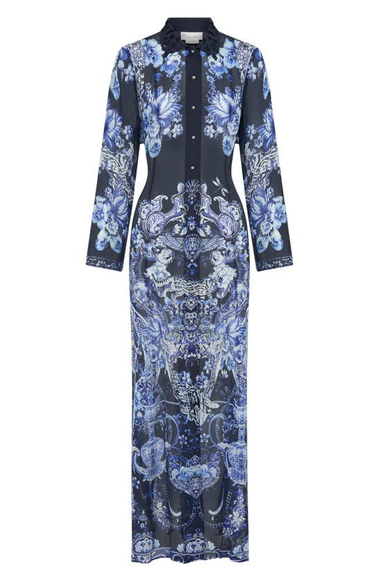 Shop Camilla Floral Cutwork Lace Collar Long Sleeve Silk Shirtdress In Delft Dynasty