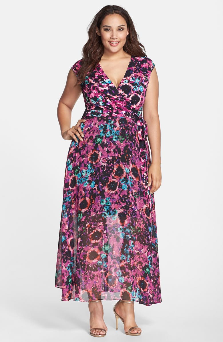 Taylor Dresses Floral Print Mixed Media Faux Wrap Maxi Dress (Plus Size ...