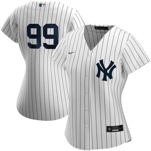 Women's New York Yankees Aaron Judge Majestic Threads White Pinstripe 3/4-Sleeve  Raglan Player Name & Number T-Shirt