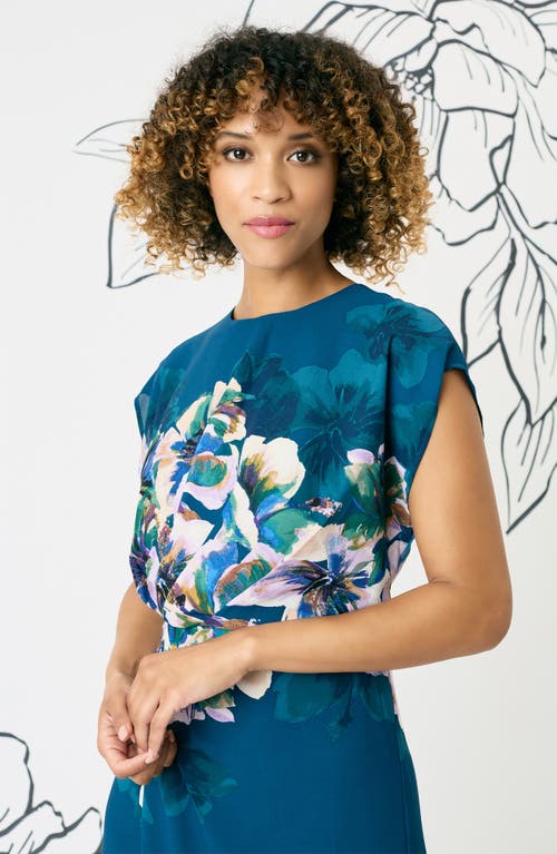 Maggy London Floral Print Asymmetric Dress In Deep Teal Blue/lt Royal Lilac