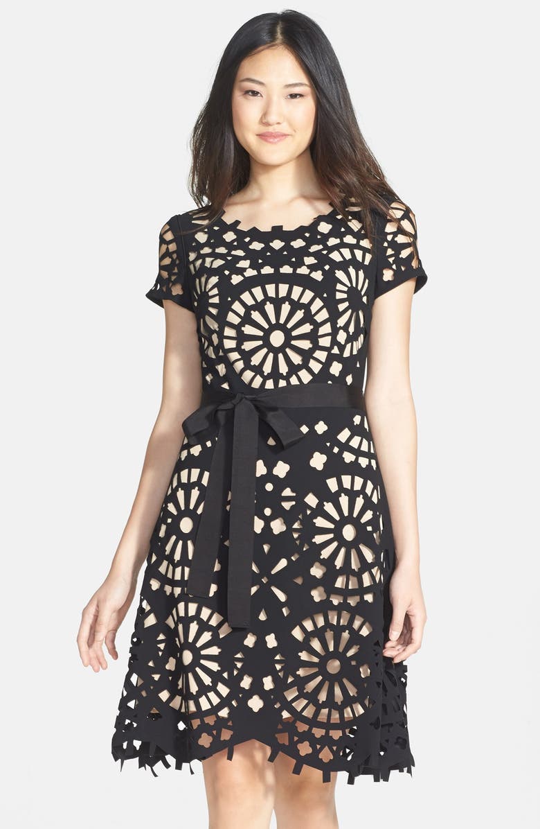 Nue by Shani Laser Cut Crepe Fit & Flare Dress | Nordstrom