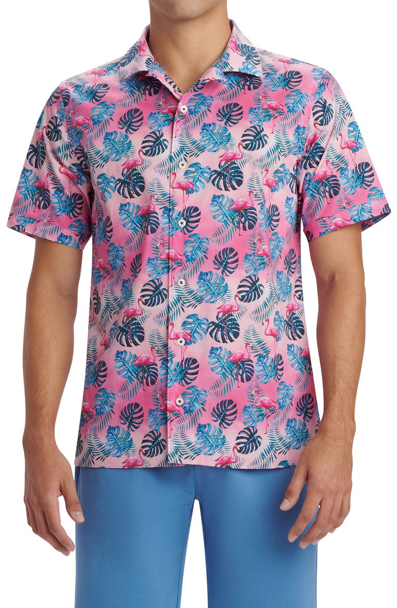 Bugatchi Shaped Fit Flamingo Print Stretch Short Sleeve Button-Up Camp ...