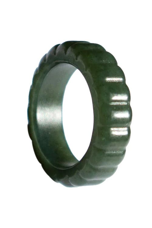 Seree Sophia Skinny Ribbed Jade Ring In Dark Green