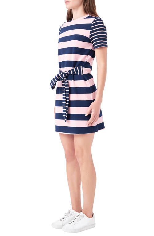 Shop English Factory Contrast Stripe Tie Waist Minidress In Navy/pink