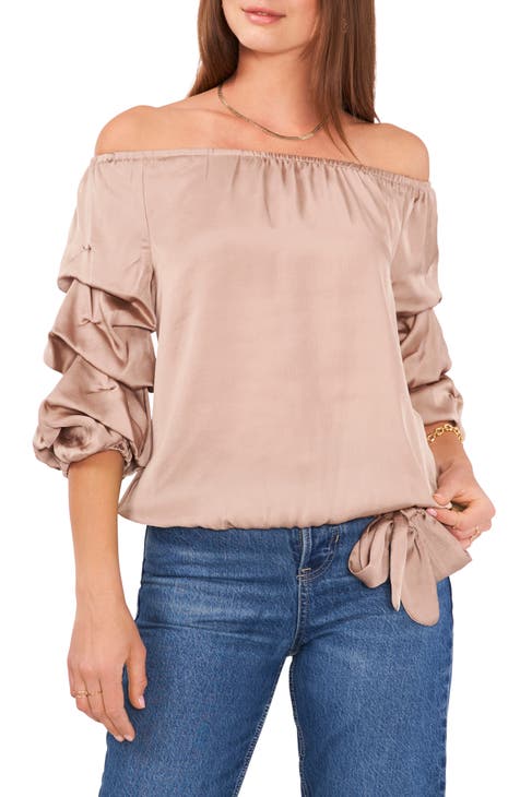 Off Shoulder Long Bubble Sleeve Solid Top