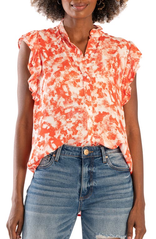 Katalia Ruffle Cap Sleeve High-Low Button-Up Top in Alicante-Coral