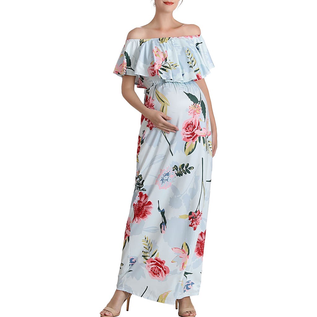 Kimi and Kai Deya Floral Off the Shoulder Maternity/Nursing Maxi Dress in Blue Multicolored