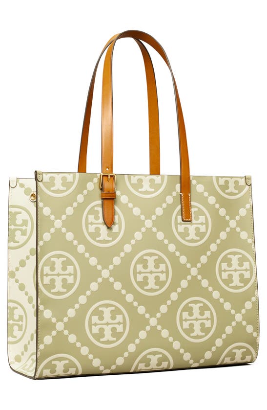 Shop Tory Burch T Monogram Contrast Embossed Leather Tote In Olive Spring