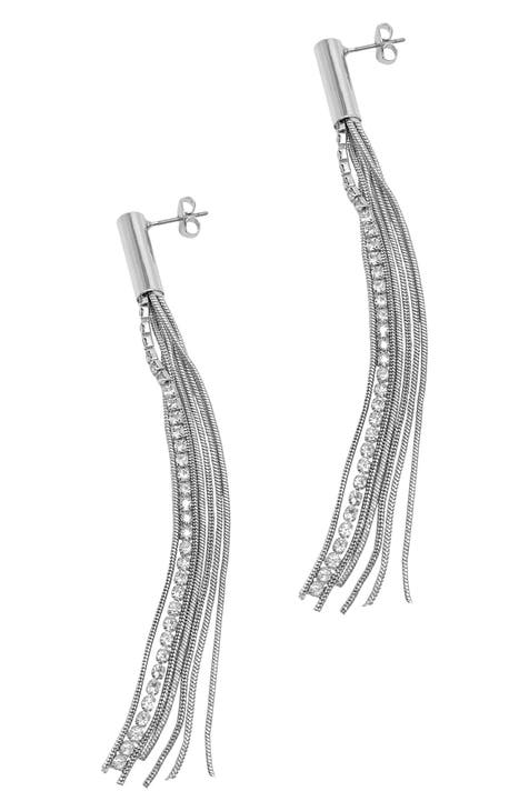 White Rhodium Plated Swarovski Crystal Chain Tassel Drop Earrings