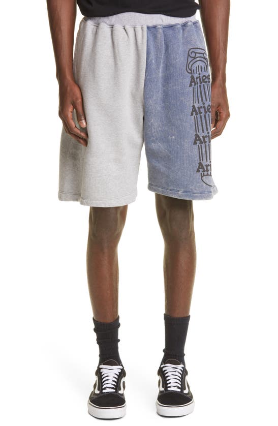 Aries Logo Print Colour-block Track Shorts In Navy/ Grey