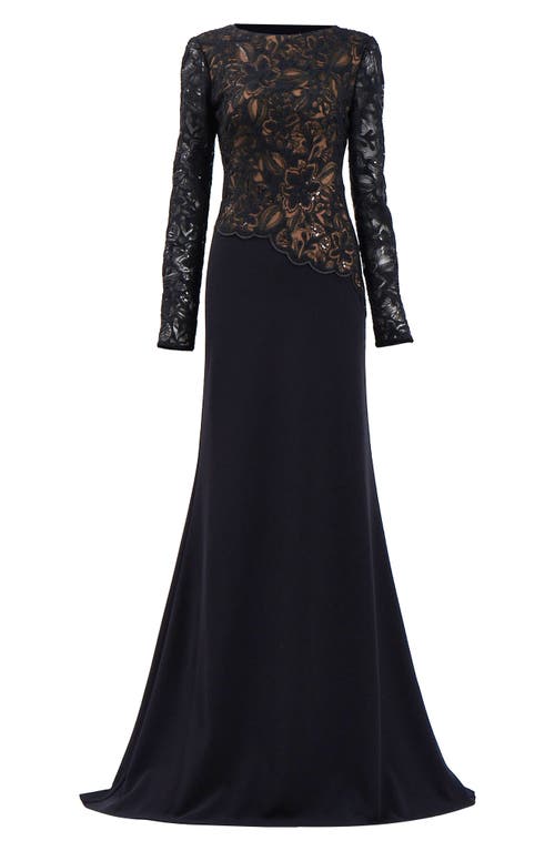 Tadashi Shoji A-line Crepe And Sequin Lace Gown In Black/beige