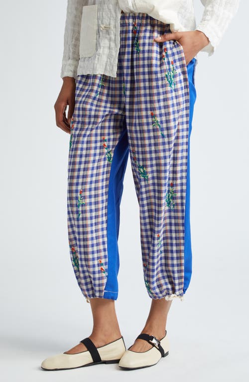 Shop Tao Comme Des Garçons Check Floral Embroidered Cotton Twill Pants In Blue/orange X Blue