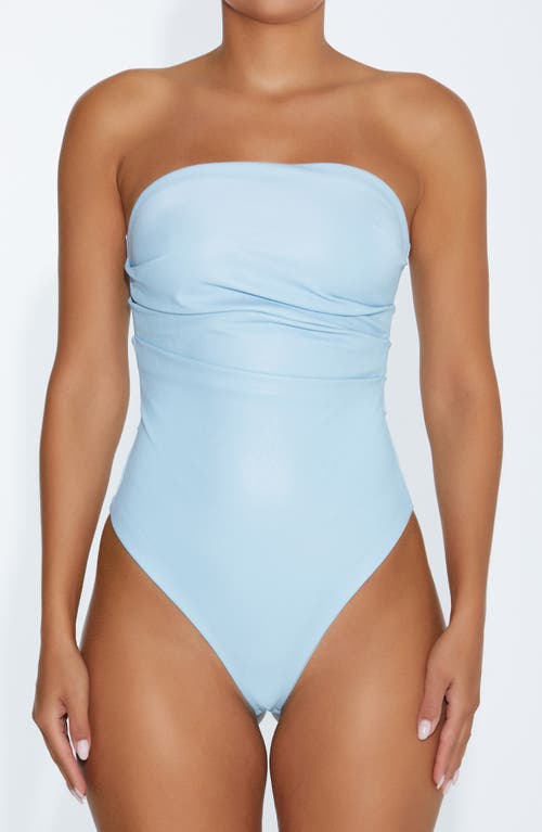 Naked Wardrobe Pleated Strapless Faux Leather Bodysuit in Baby Blue