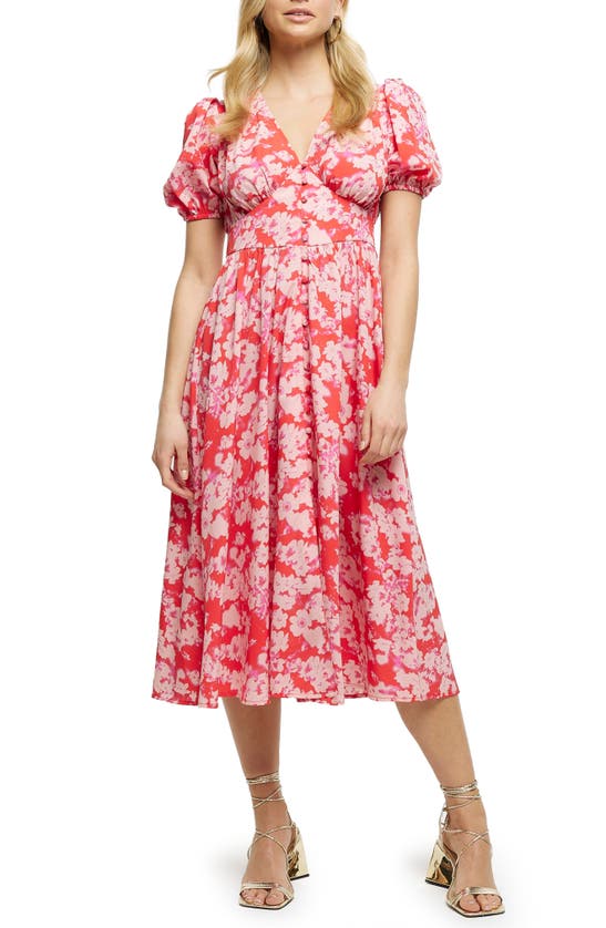 RIVER ISLAND FLEUR FLORAL PUFF SLEEVE A-LINE DRESS