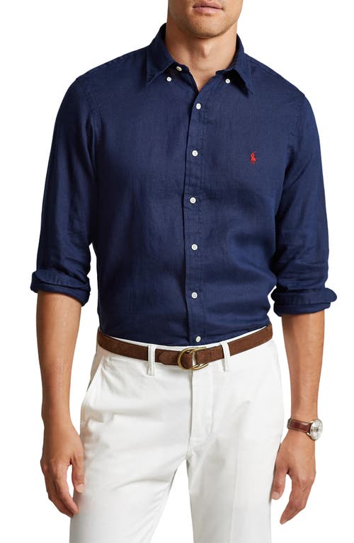 Polo Ralph Lauren Slim Fit Linen Button-Down Shirt in Newport Navy at Nordstrom, Size Small