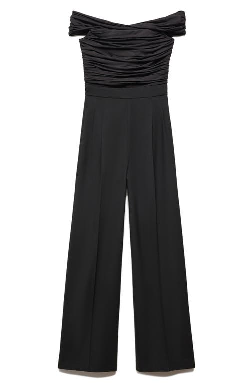 Mango Off-shoulder Jumpsuit With Gathered Detail Black In Black
