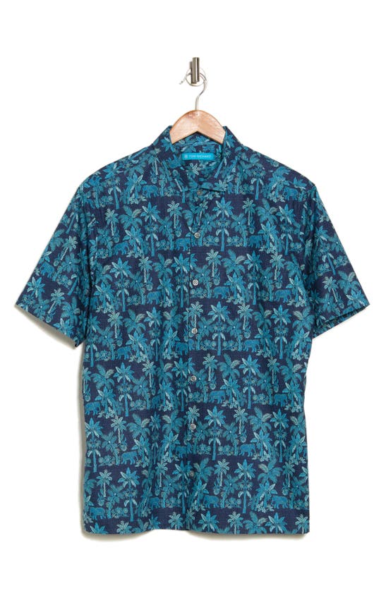 Shop Tori Richard Tusk And Palm Print Cotton Short Sleeve Button-up Shirt In Navy