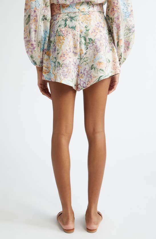 Shop Zimmermann Halliday Floral Belted Linen Shorts In Multi Watercolour Floral