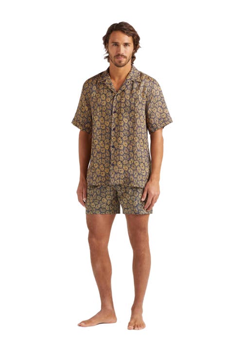 Vilebrequin Men's Carapaces Printed Short Sleeve Linen Shirt in Bleu Marine 