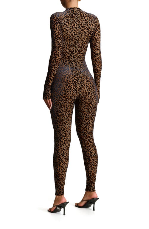 Shop Naked Wardrobe Burnout Velvet Long Sleeve Jumpsuit In Leopard Nude