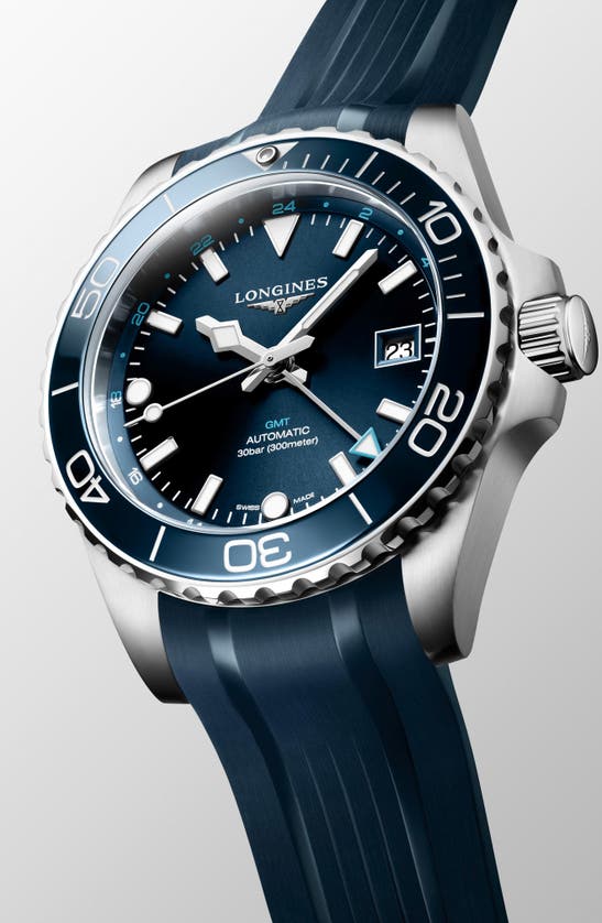 Shop Longines Hydroconquest Gmt Automatic Rubber Strap Watch, 41mm In Blue