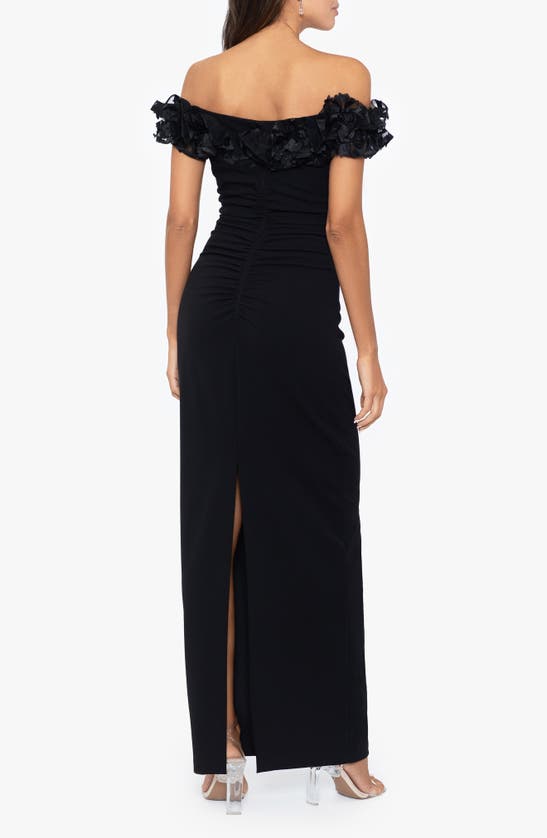 Shop Xscape Ruffle Off The Shoulder Crepe Gown In Black